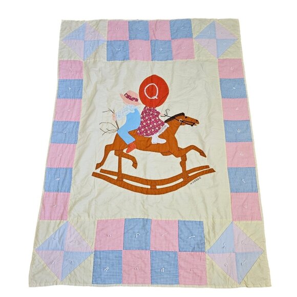 Vintage 70s Homemade Holly Hobbie Quilt Handmade Rocking‎ Horse Patchwork 45x61
